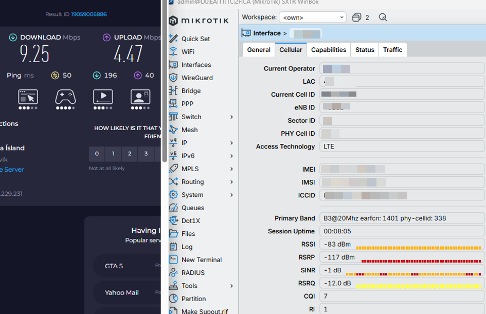 Speed and signal strength for SXT LTE 7